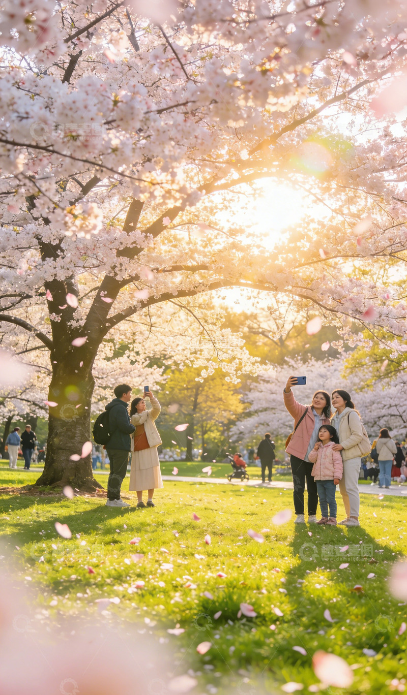 高清大图下载【趣麦麦图】樱花盛开春日公园自拍家庭