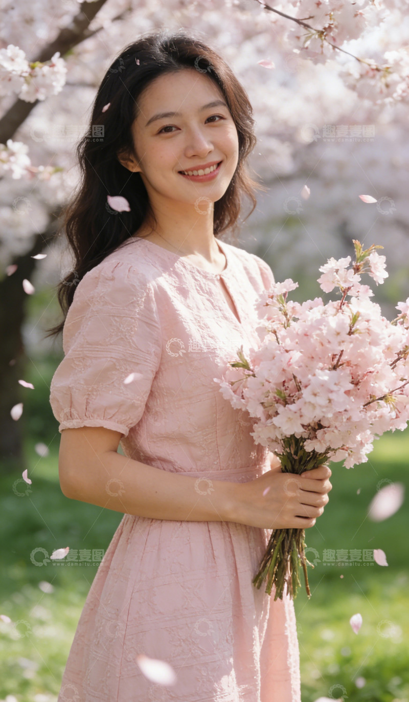 高清大图下载【趣麦麦图】樱花树下少女写真素材