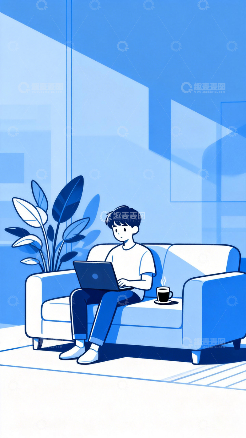 高清大图下载【趣麦麦图】蓝色简约家居办公插画