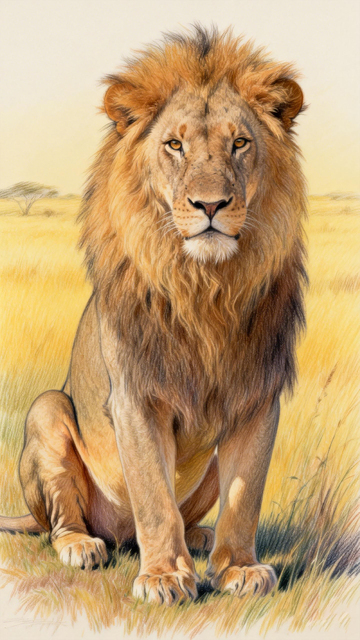 雄狮草原绘画写实作品