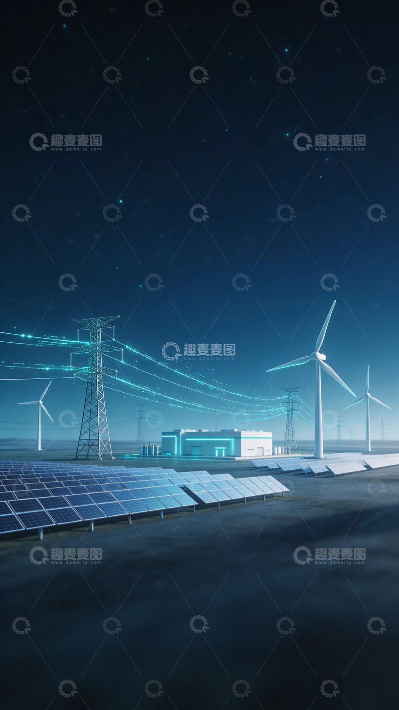 高清大图下载【趣麦麦图】未来能源夜景观光伏风力发电