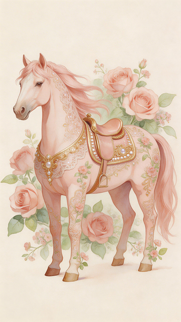 粉色骏马与玫瑰花插画