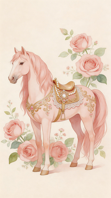 粉色骏马与玫瑰插画
