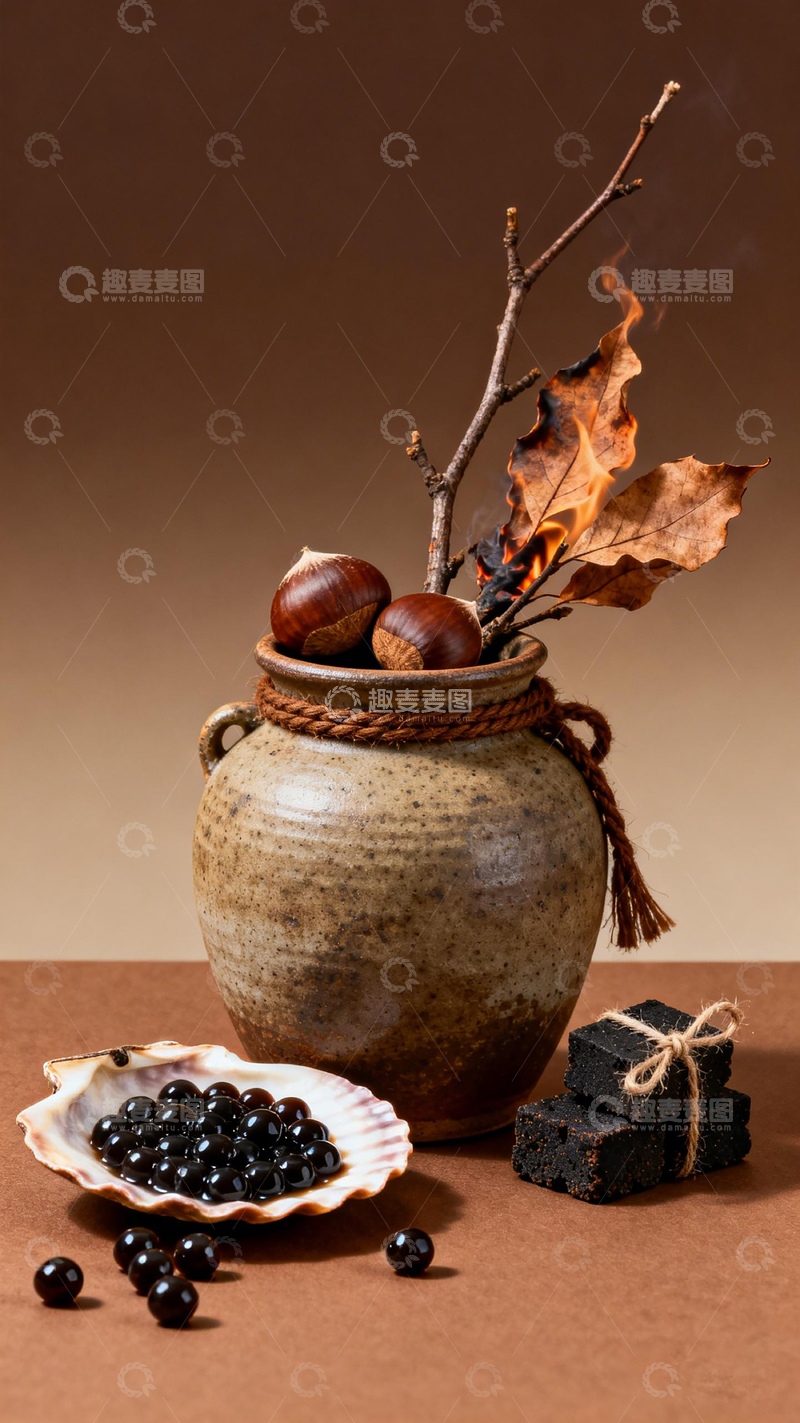 高清大图下载【趣麦麦图】秋日静物陶瓷罐栗子装饰