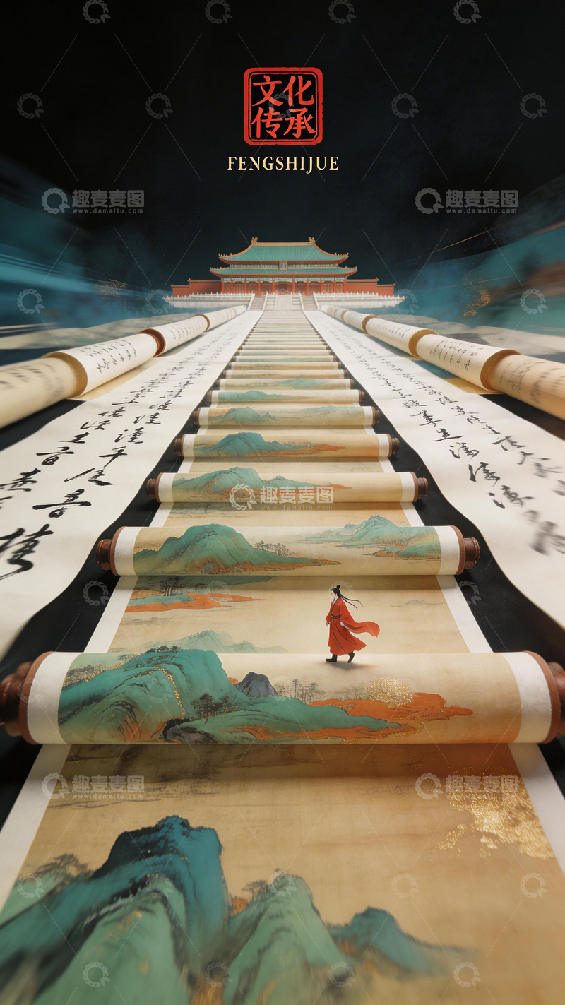 高清大图下载【趣麦麦图】文化传承卷轴山水意境书法