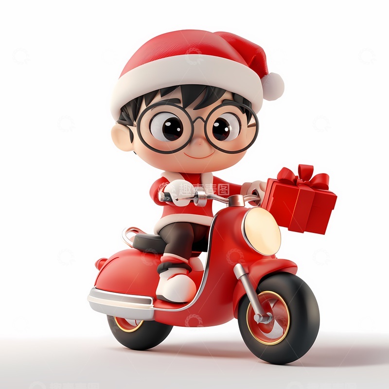 高清大图下载【趣麦麦图】卡通圣诞少年骑车送礼