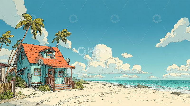 高清大图下载【趣麦麦图】海风吹拂下的孤独蓝屋