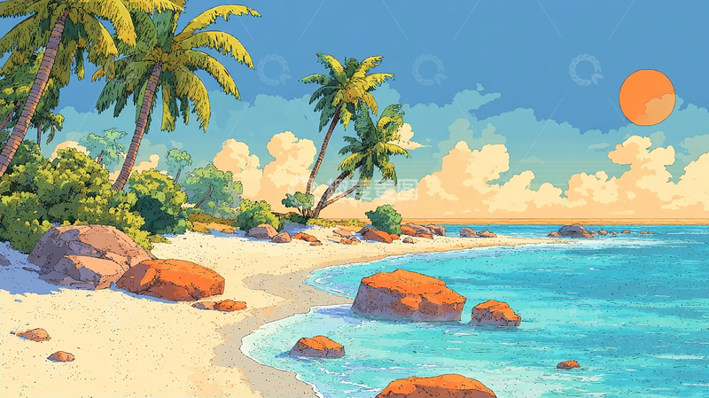 高清大图下载【趣麦麦图】碧浪金岩椰影长歌