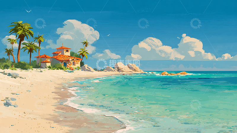 高清大图下载【趣麦麦图】海风吹过橙瓦小屋的午后