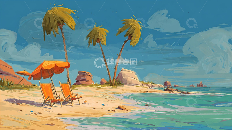 高清大图下载【趣麦麦图】椰影斜阳下的静谧沙洲