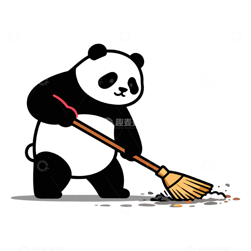 源文件下载【趣麦麦图】卡通熊猫扫帚清洁插画