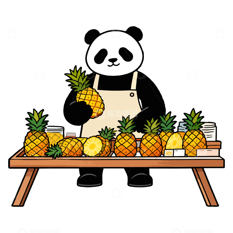源文件下载【趣麦麦图】熊猫切菠萝卡通插画