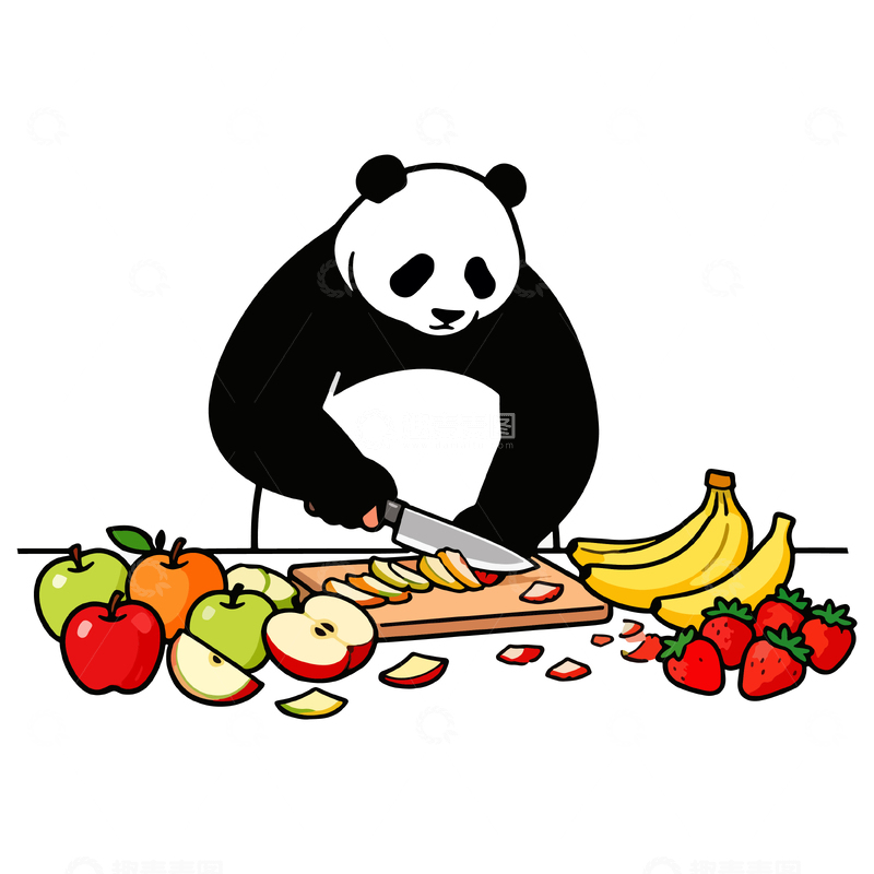 源文件下载【趣麦麦图】熊猫切水果卡通插画