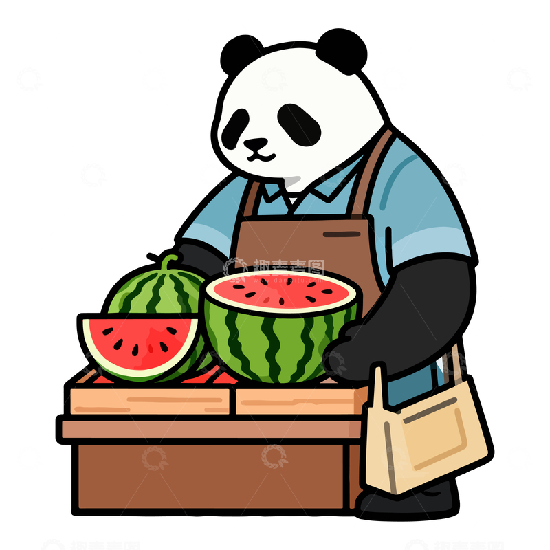 源文件下载【趣麦麦图】熊猫卖西瓜卡通插画素材