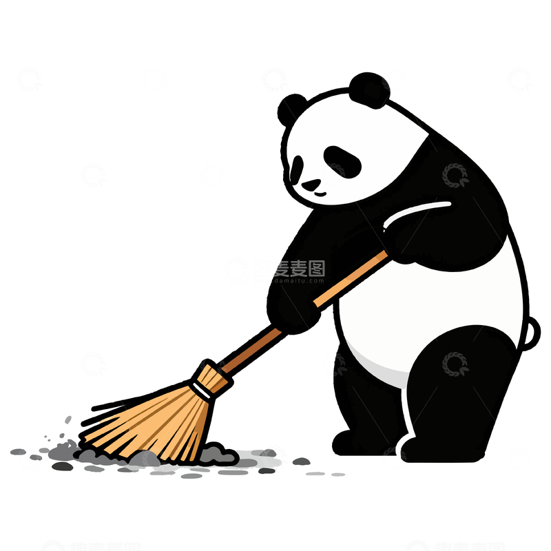 源文件下载【趣麦麦图】卡通熊猫扫帚清洁简笔画