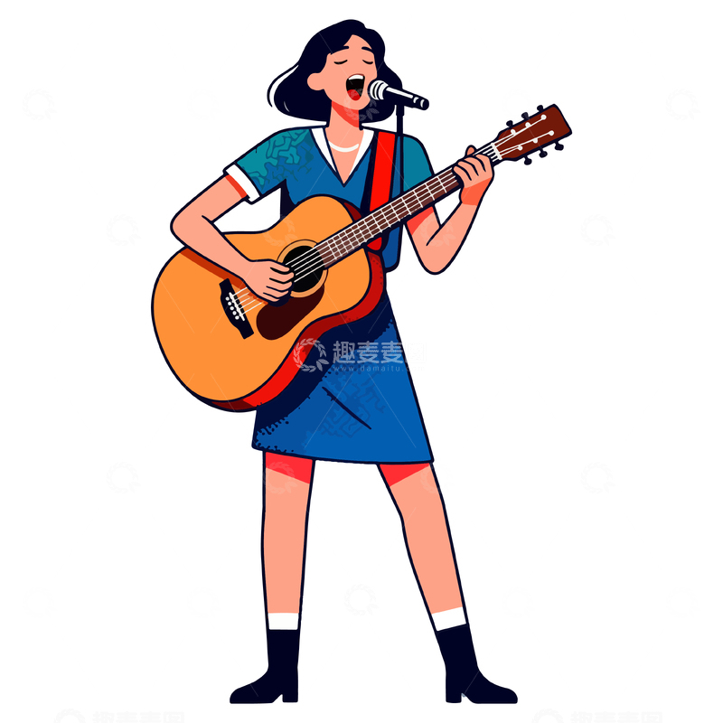 源文件下载【趣麦麦图】卡通女歌手吉他弹唱矢量图