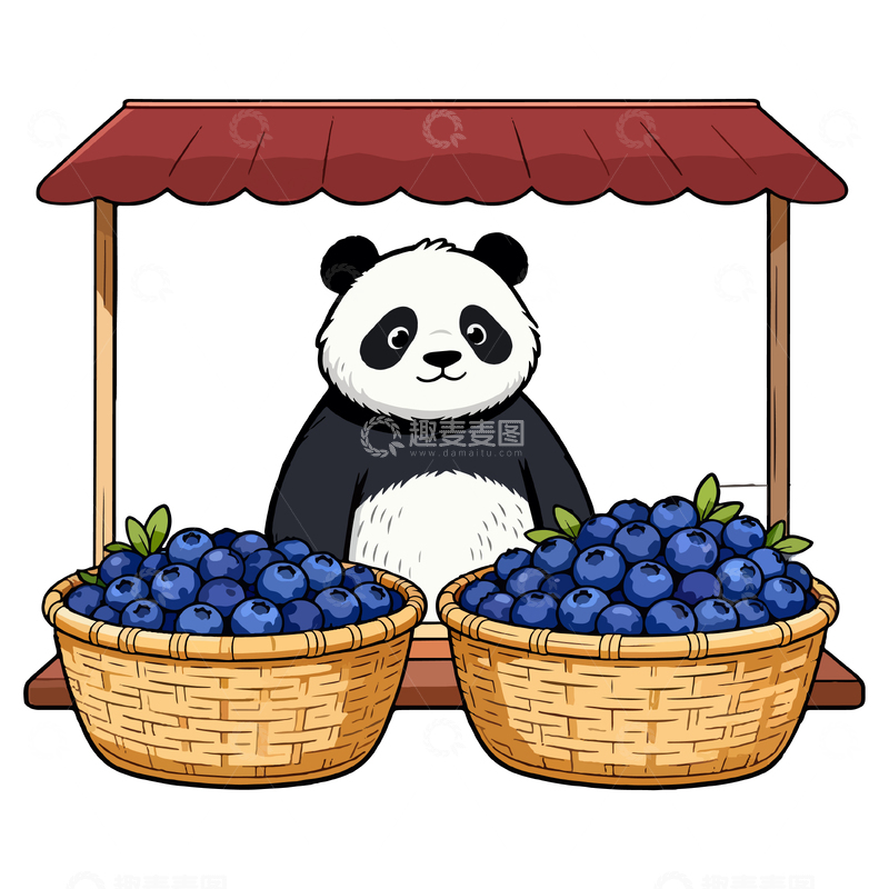 源文件下载【趣麦麦图】卡通熊猫蓝莓摊位插画