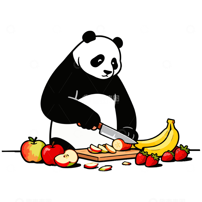 源文件下载【趣麦麦图】卡通熊猫切水果插画