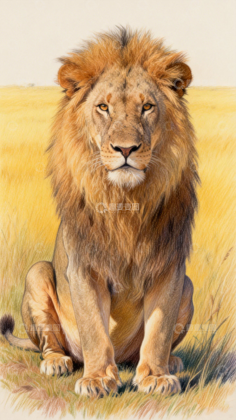 高清大图下载【趣麦麦图】雄狮草原水彩画