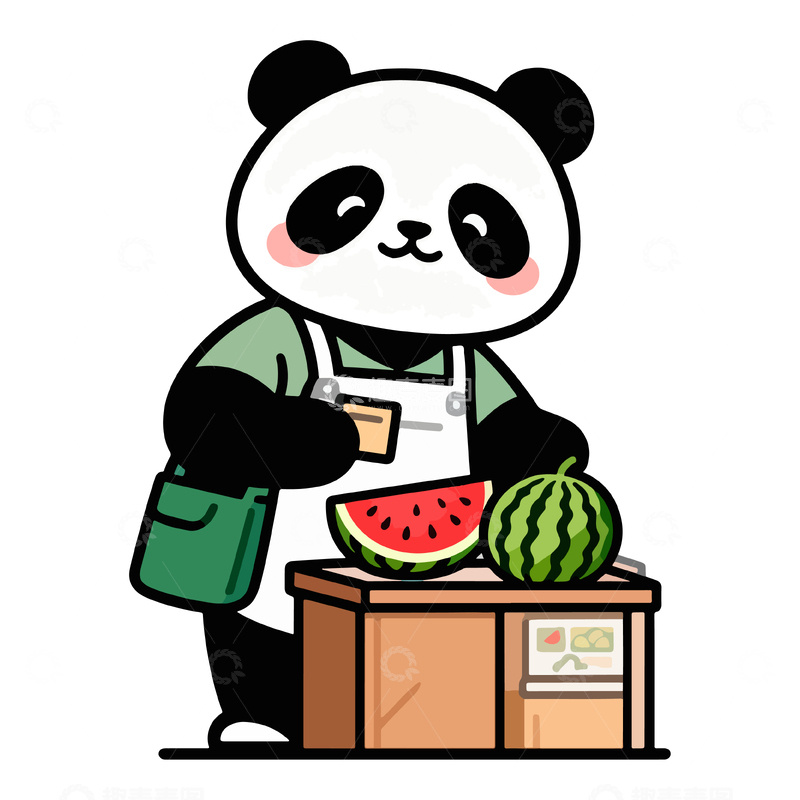 源文件下载【趣麦麦图】卡通熊猫卖西瓜插画