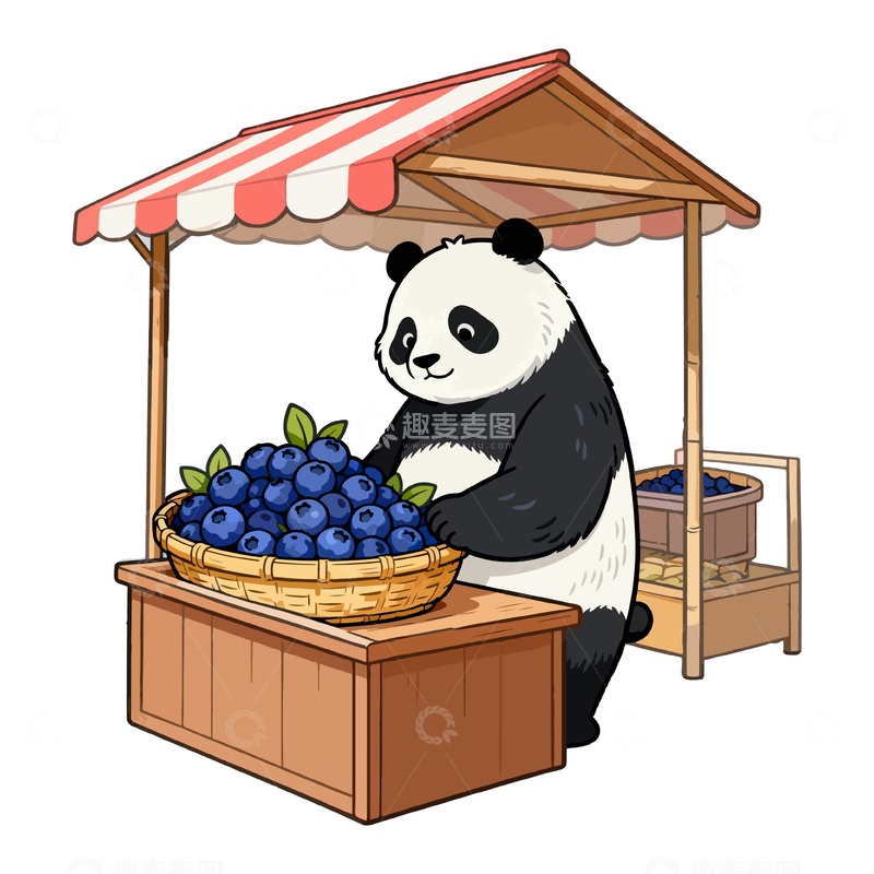 源文件下载【趣麦麦图】熊猫水果摊卡通插画