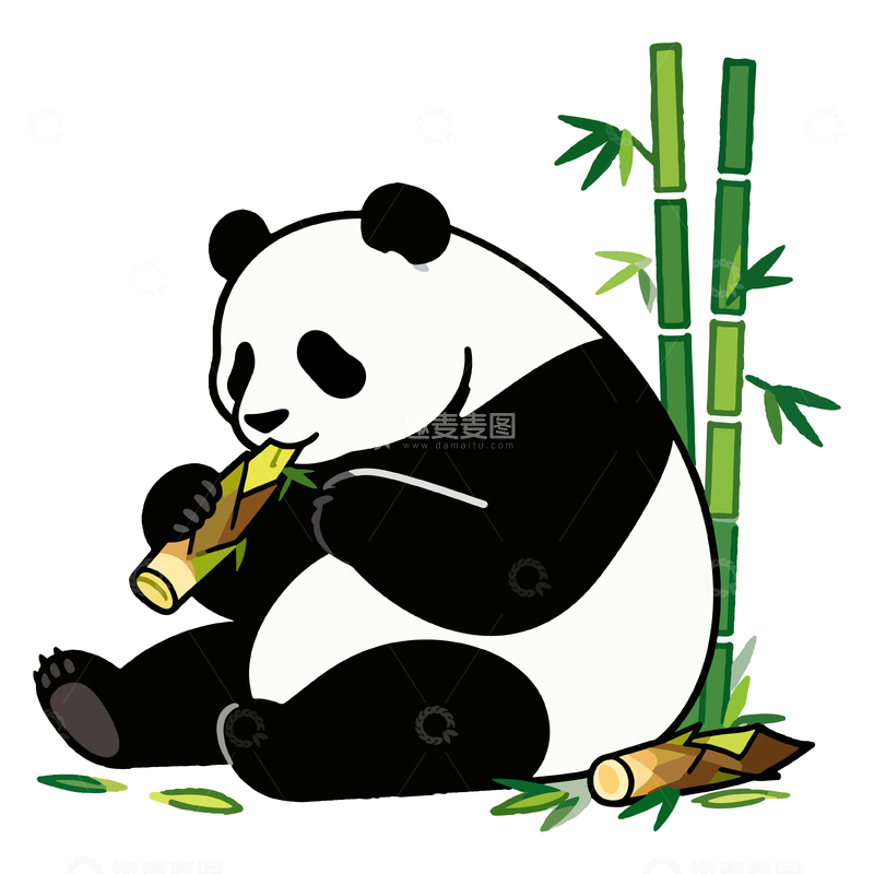 源文件下载【趣麦麦图】卡通熊猫啃竹子插画