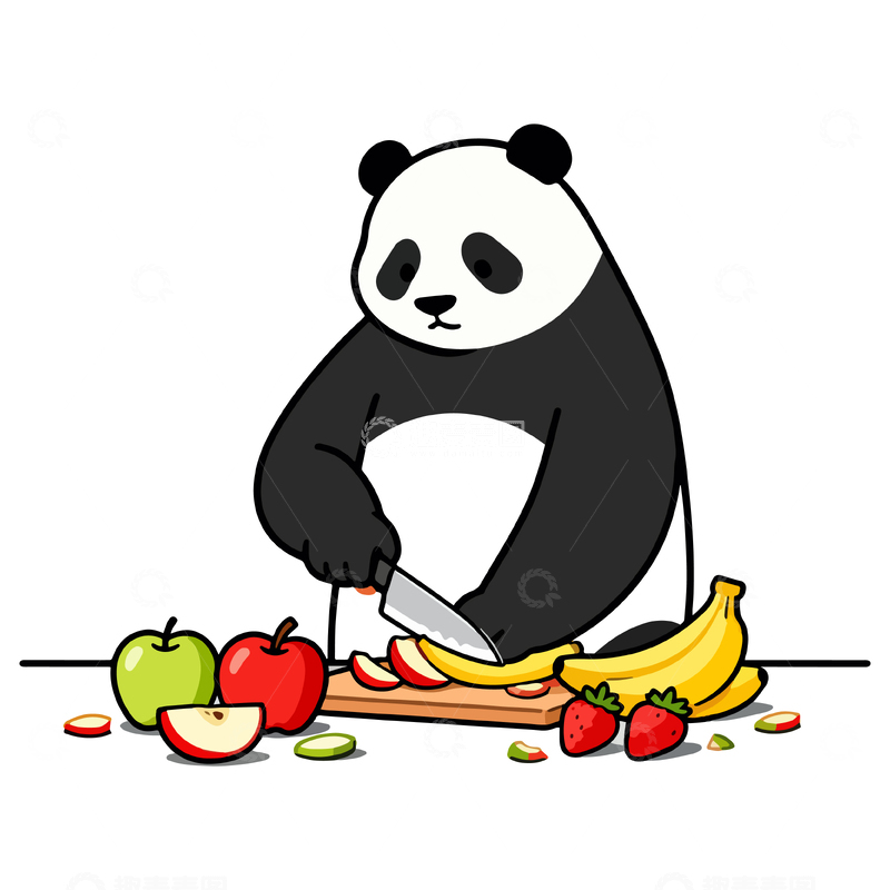 源文件下载【趣麦麦图】卡通熊猫切水果插画