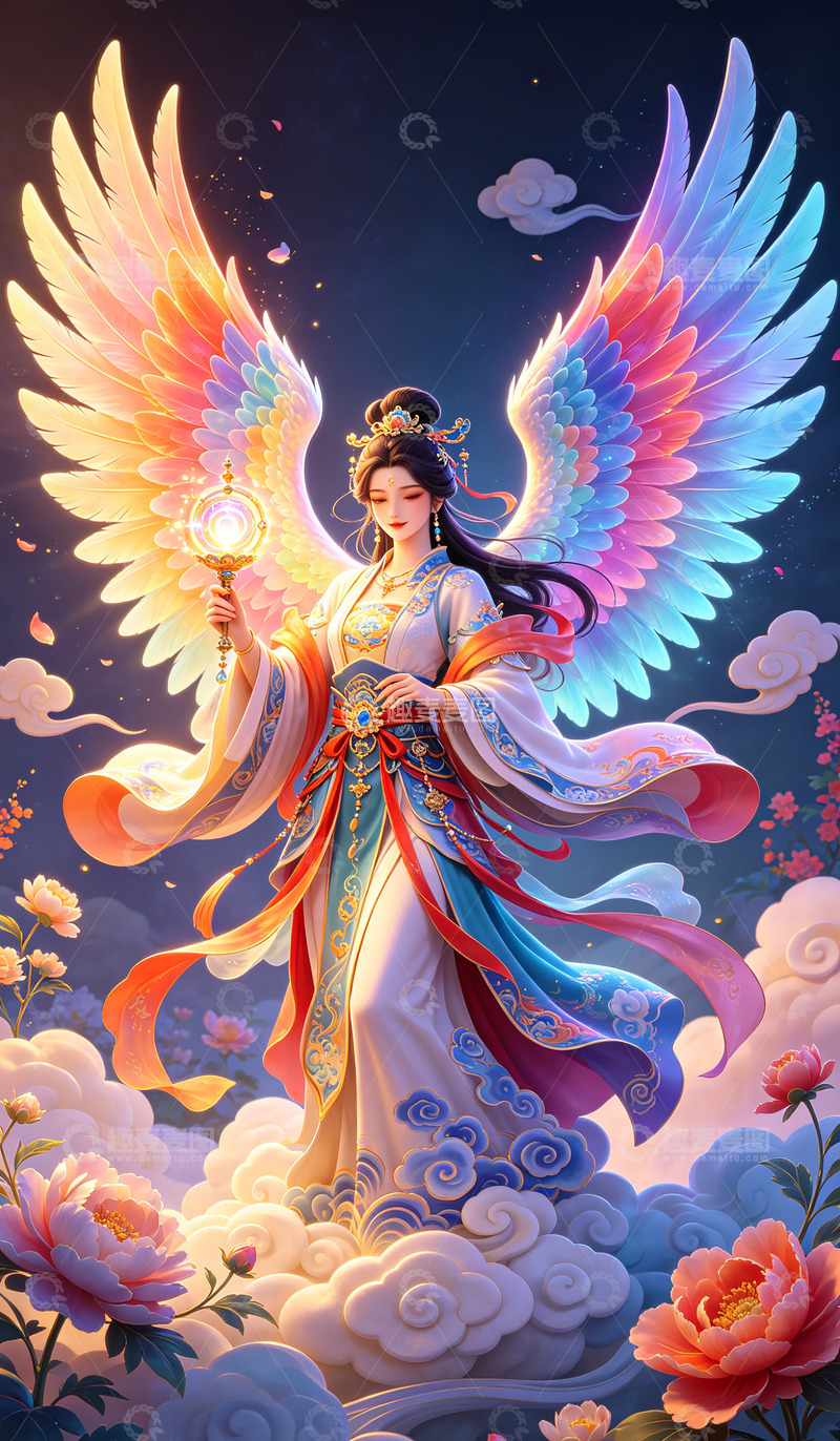 高清大图下载【趣麦麦图】-神话仙女彩羽灯火插画装饰画