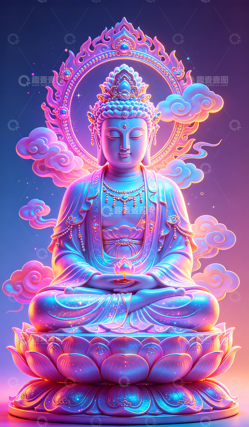 高清大图下载【趣麦麦图】霓虹灯光佛坐像艺术图片装饰画