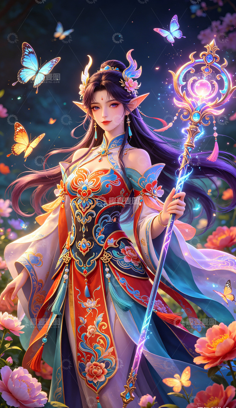 高清大图下载【趣麦麦图】古风仙女魔法棒奇幻插画装饰画