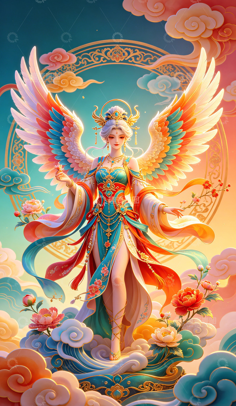 高清大图下载【趣麦麦图】神话仙女彩羽华丽插画装饰画