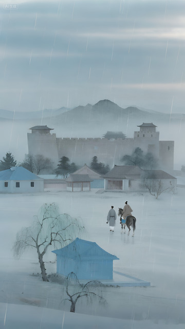古画烟雨濛濛的出关场景
