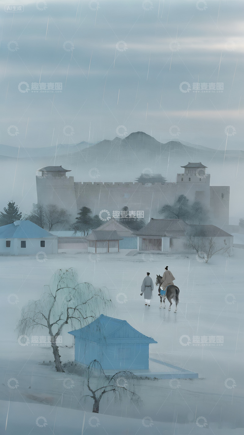 高清大图下载【趣麦麦图】古画烟雨濛濛的出关场景