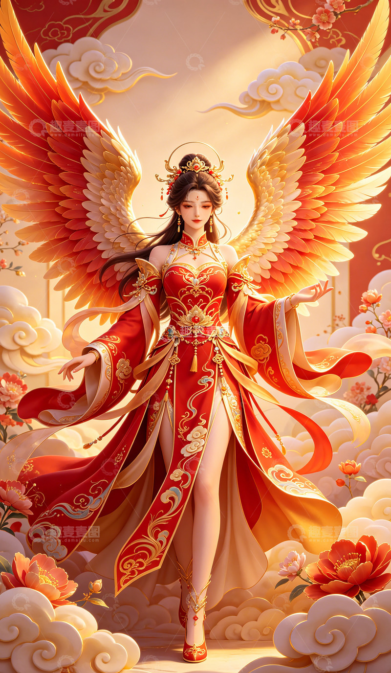 高清大图下载【趣麦麦图】神话凤鸟华丽古风女性插画装饰画