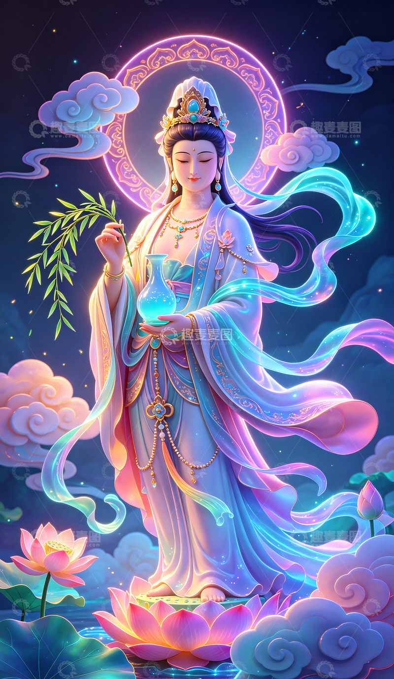 高清大图下载【趣麦麦图】神话风格观音菩萨插画艺术装饰画