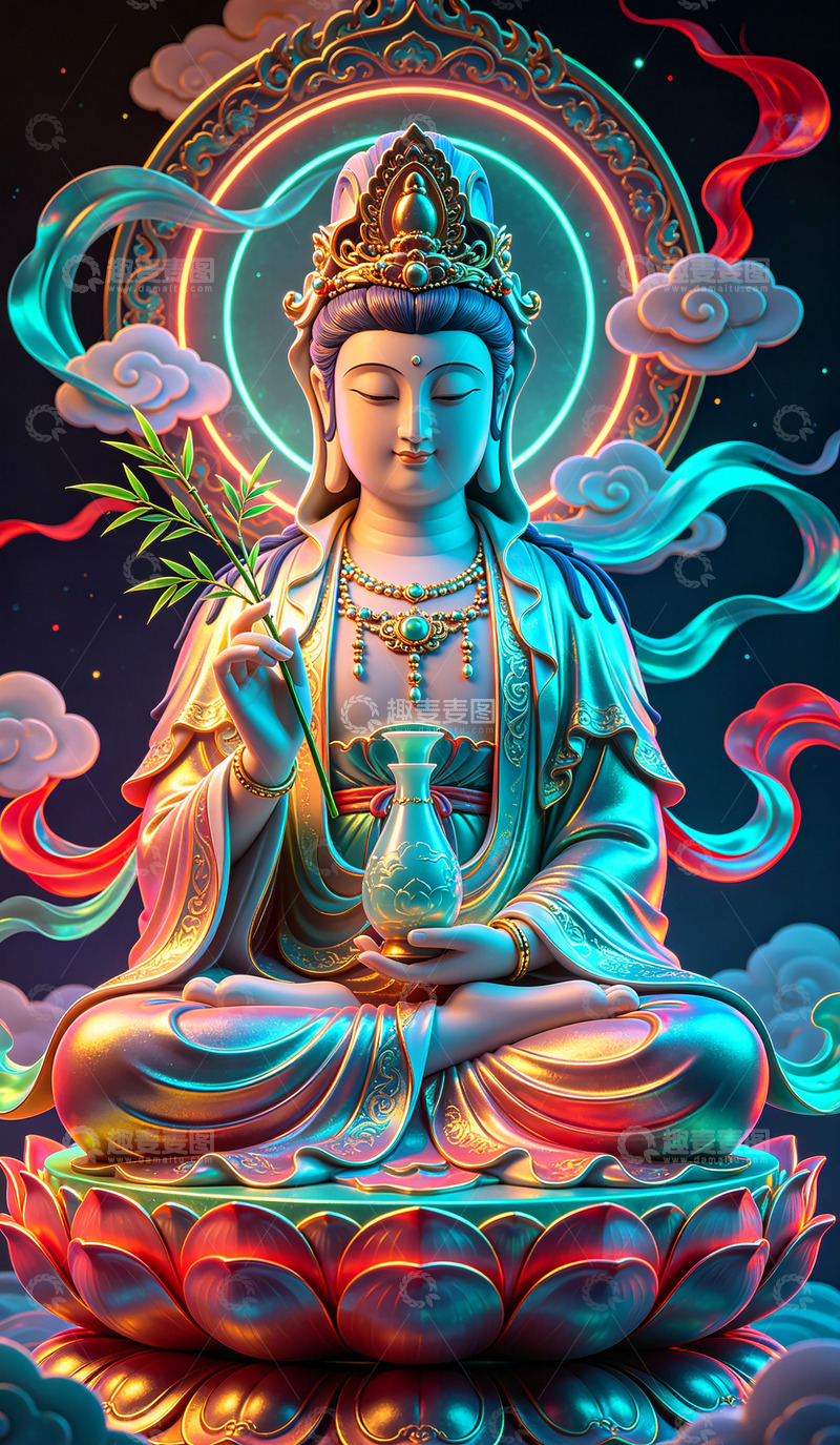 高清大图下载【趣麦麦图】霓虹光观音菩萨佛像艺术插画装饰画
