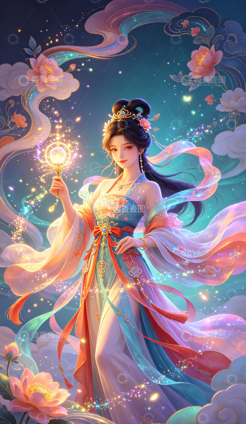 高清大图下载【趣麦麦图】古风仙女魔法光芒插画装饰画