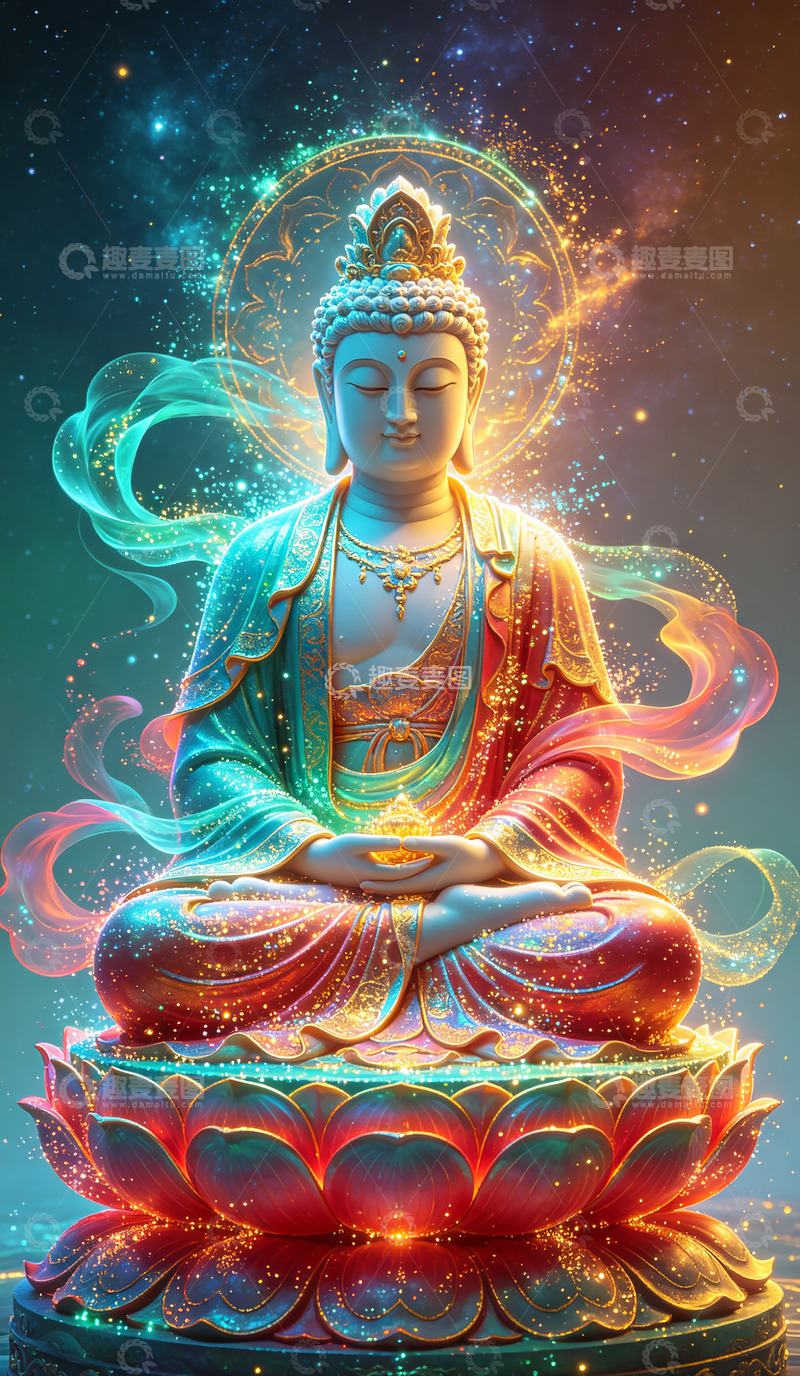 高清大图下载【趣麦麦图】-梦幻佛教艺术雕像插画