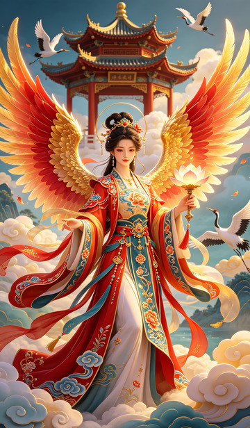 东方神话凤凰仙子古风插画装饰画