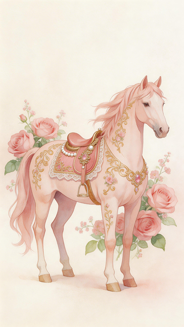 粉色骏马玫瑰插画