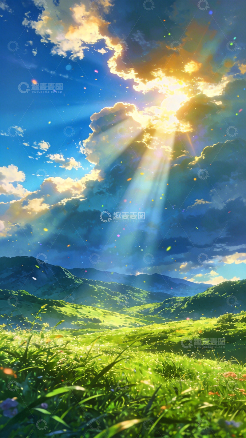 高清大图下载【趣麦麦图】阳光草地风景插画