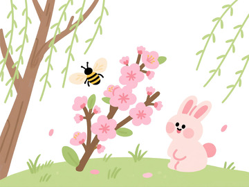 春日樱花兔趣插画素材