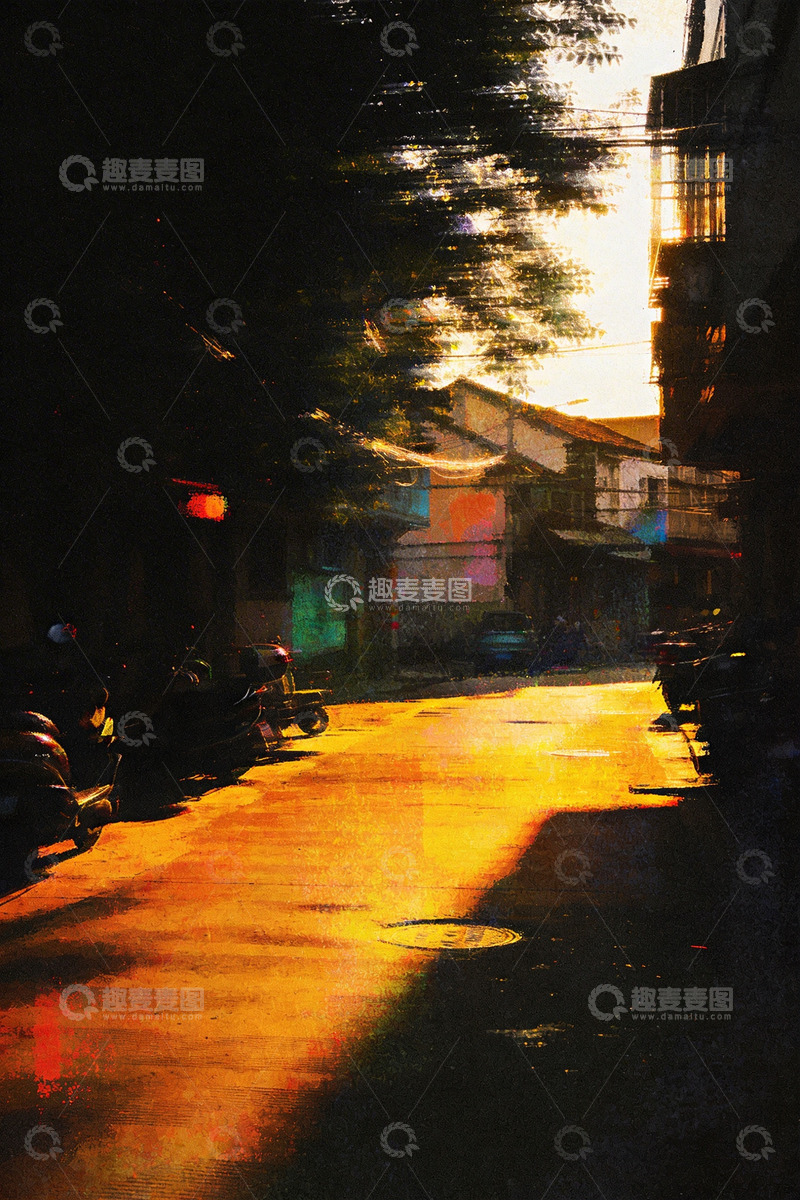 高清大图下载【趣麦麦图】夕阳街景油画质感生活场景