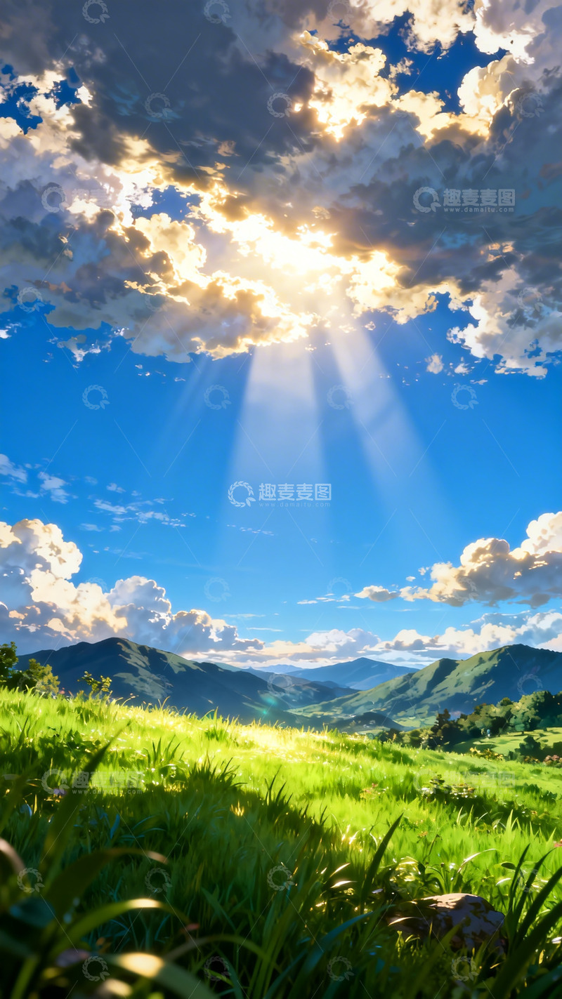 高清大图下载【趣麦麦图】-阳光草原风景动漫插画