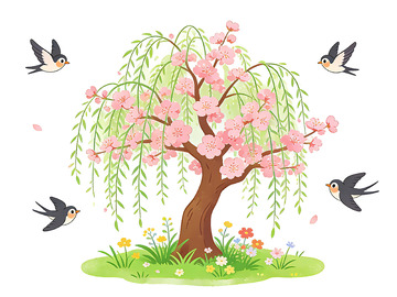 春日樱花树插画