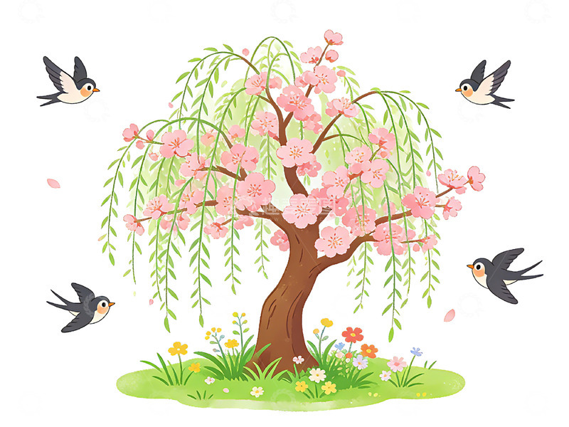 高清大图下载【趣麦麦图】-春日樱花树插画