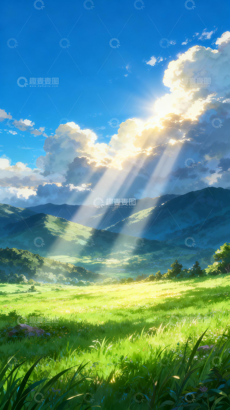 高清大图下载【趣麦麦图】阳光草原动画风景插画