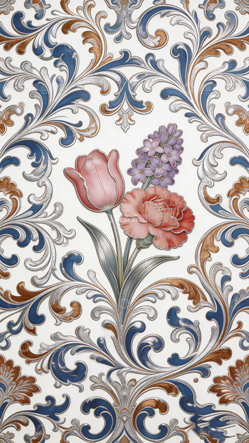 高清大图下载【趣麦麦图】-复古花纹郁金香艺术壁纸