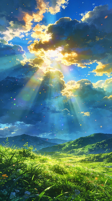 动漫风格日出草地美景