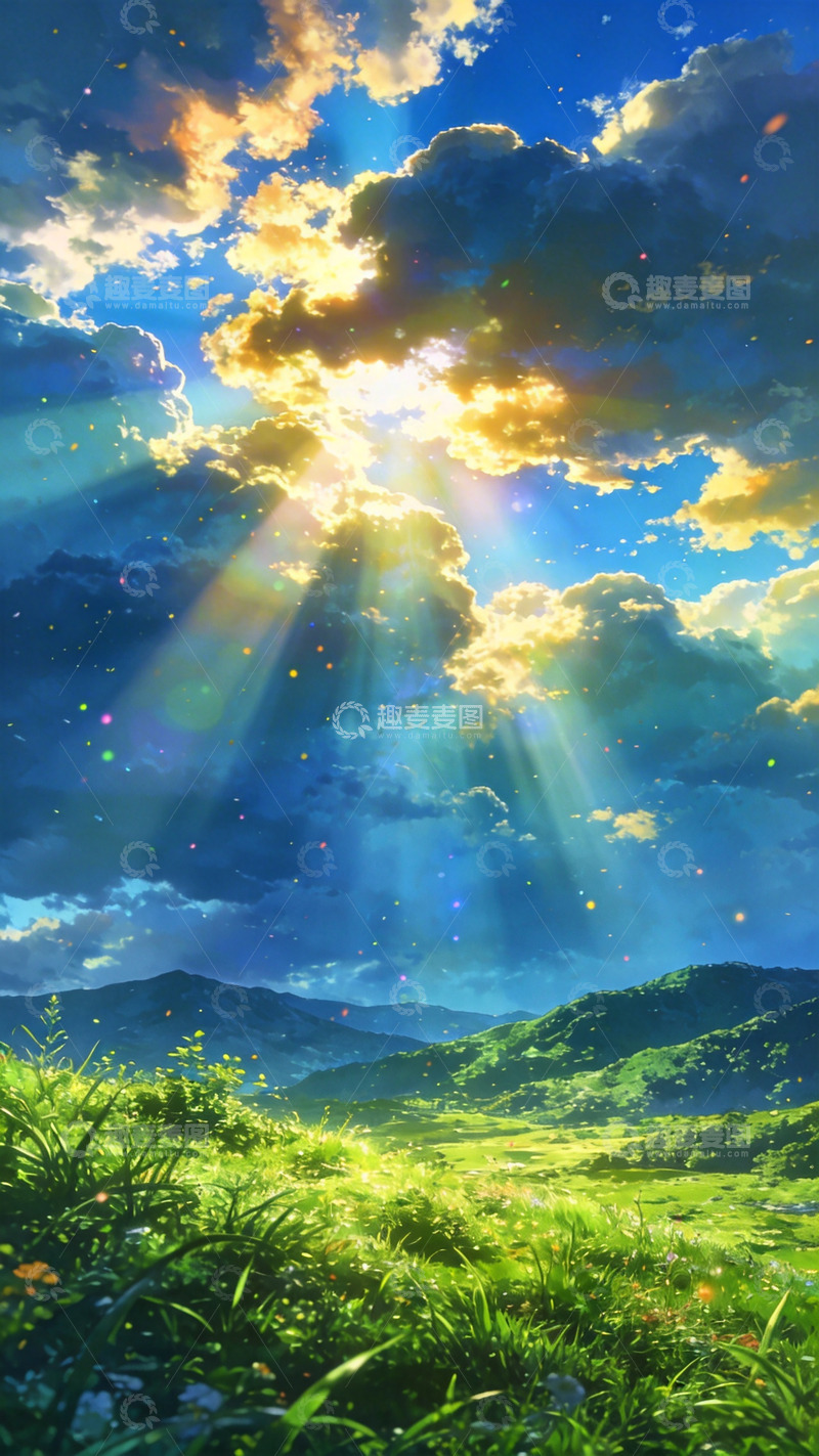 高清大图下载【趣麦麦图】-动漫风格日出草地美景